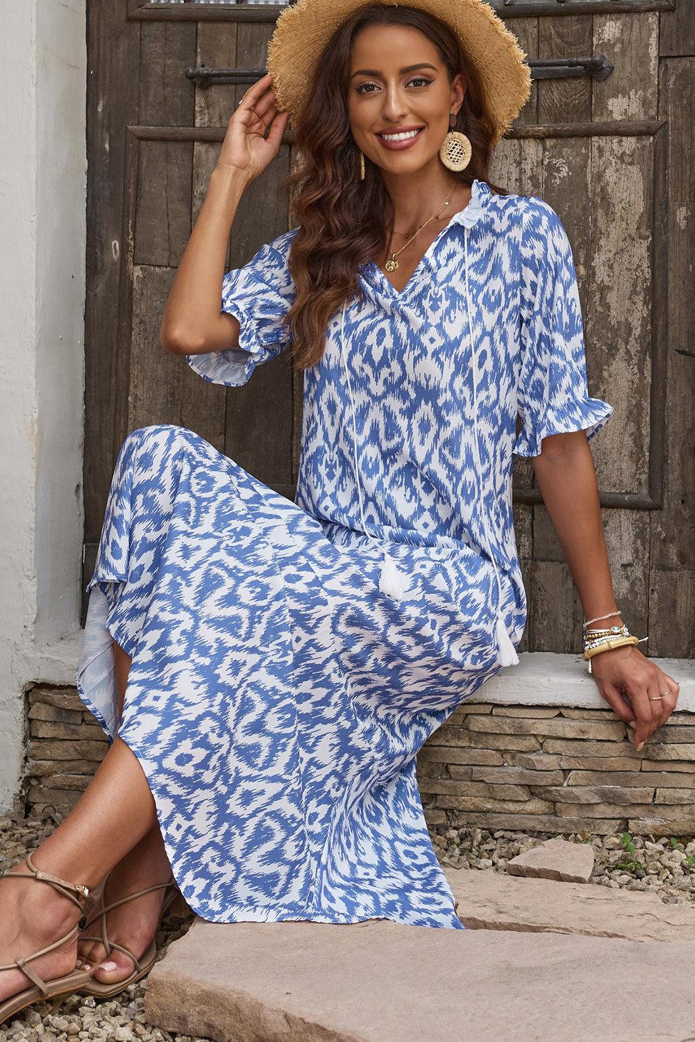 Printed Tassel Tie Flounce Sleeve Dress BLUE ZONE PLANET