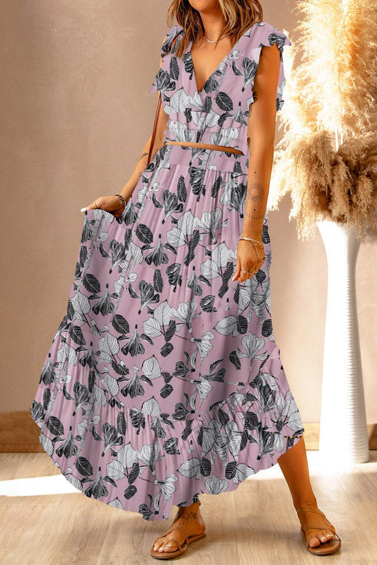 Printed Tie Back Cropped Top and Maxi Skirt Set BLUE ZONE PLANET