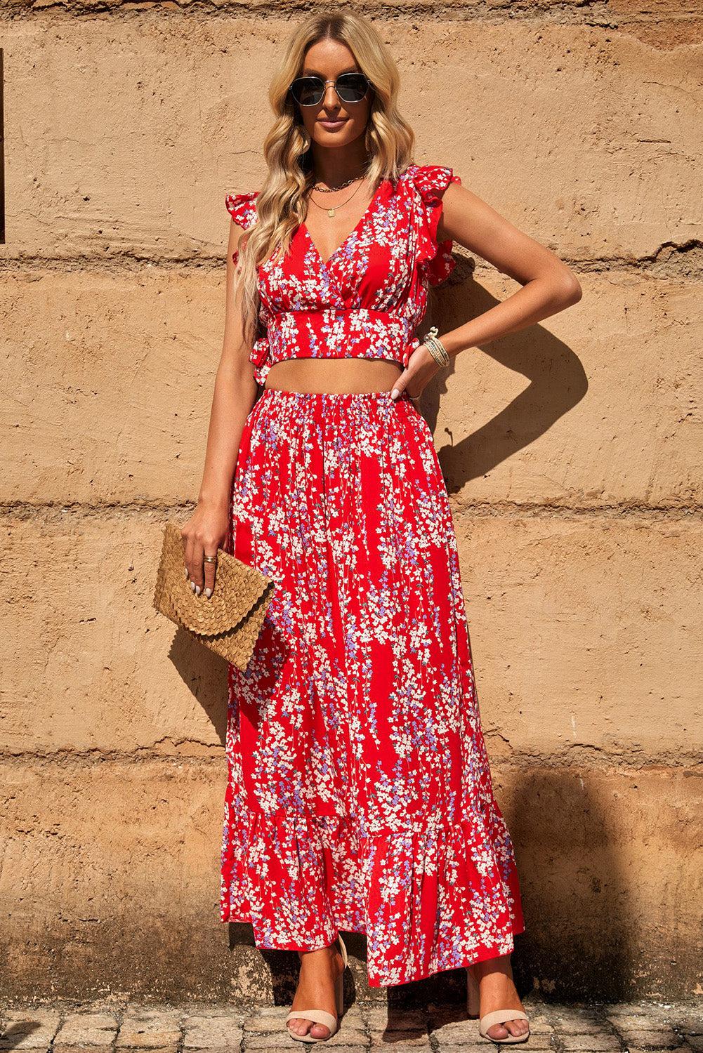 Printed Tie Back Cropped Top and Maxi Skirt Set BLUE ZONE PLANET