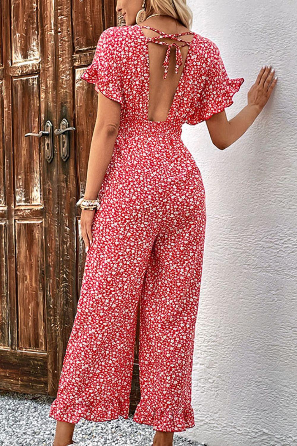 Printed Tie Back Ruffled Jumpsuit BLUE ZONE PLANET