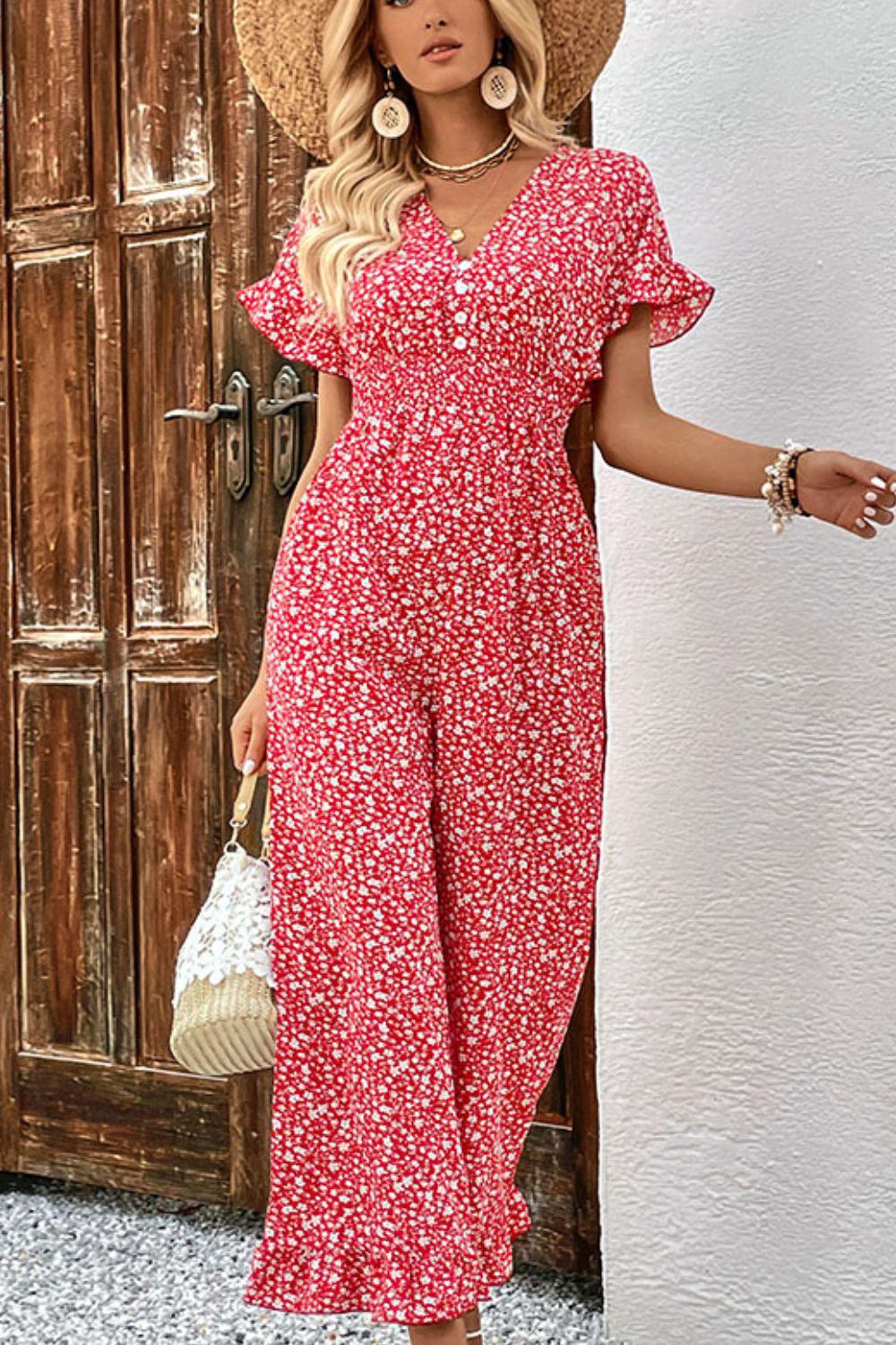 Printed Tie Back Ruffled Jumpsuit BLUE ZONE PLANET