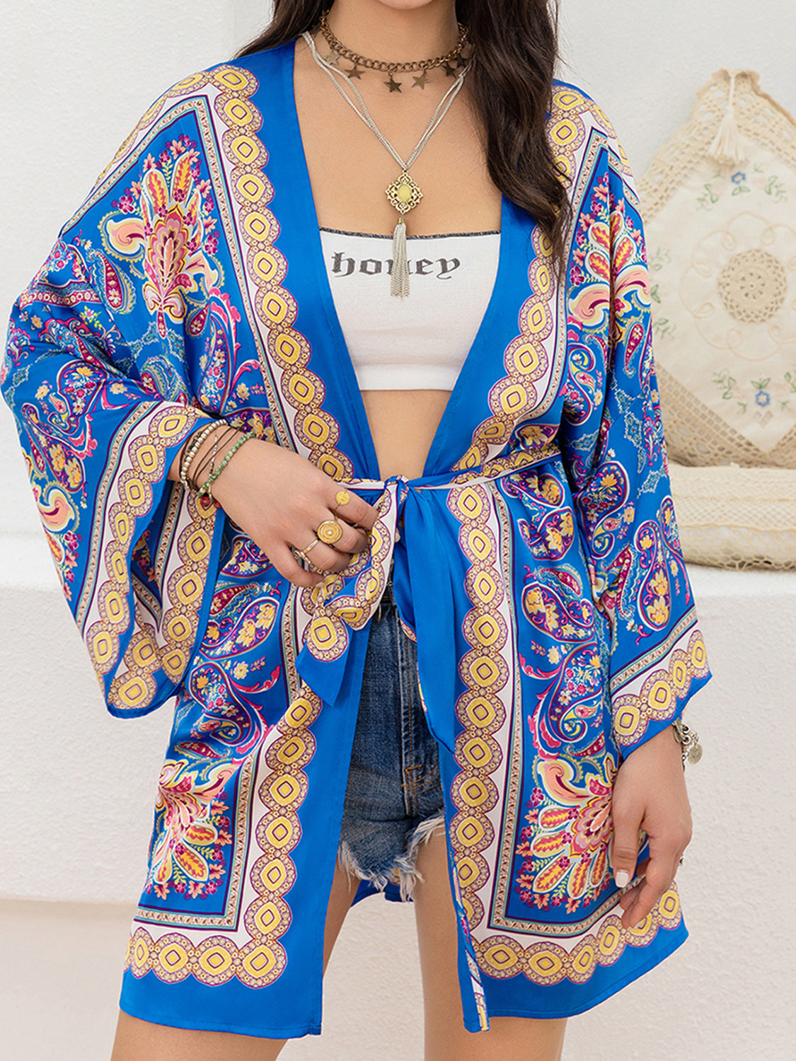 Printed Tie Belt Long Sleeve Cardigan BLUE ZONE PLANET