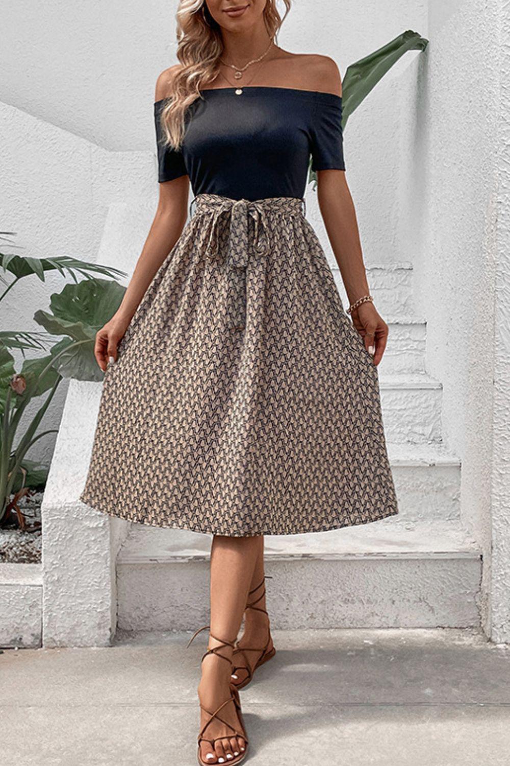 Printed Tie Belt Off-Shoulder Dress BLUE ZONE PLANET