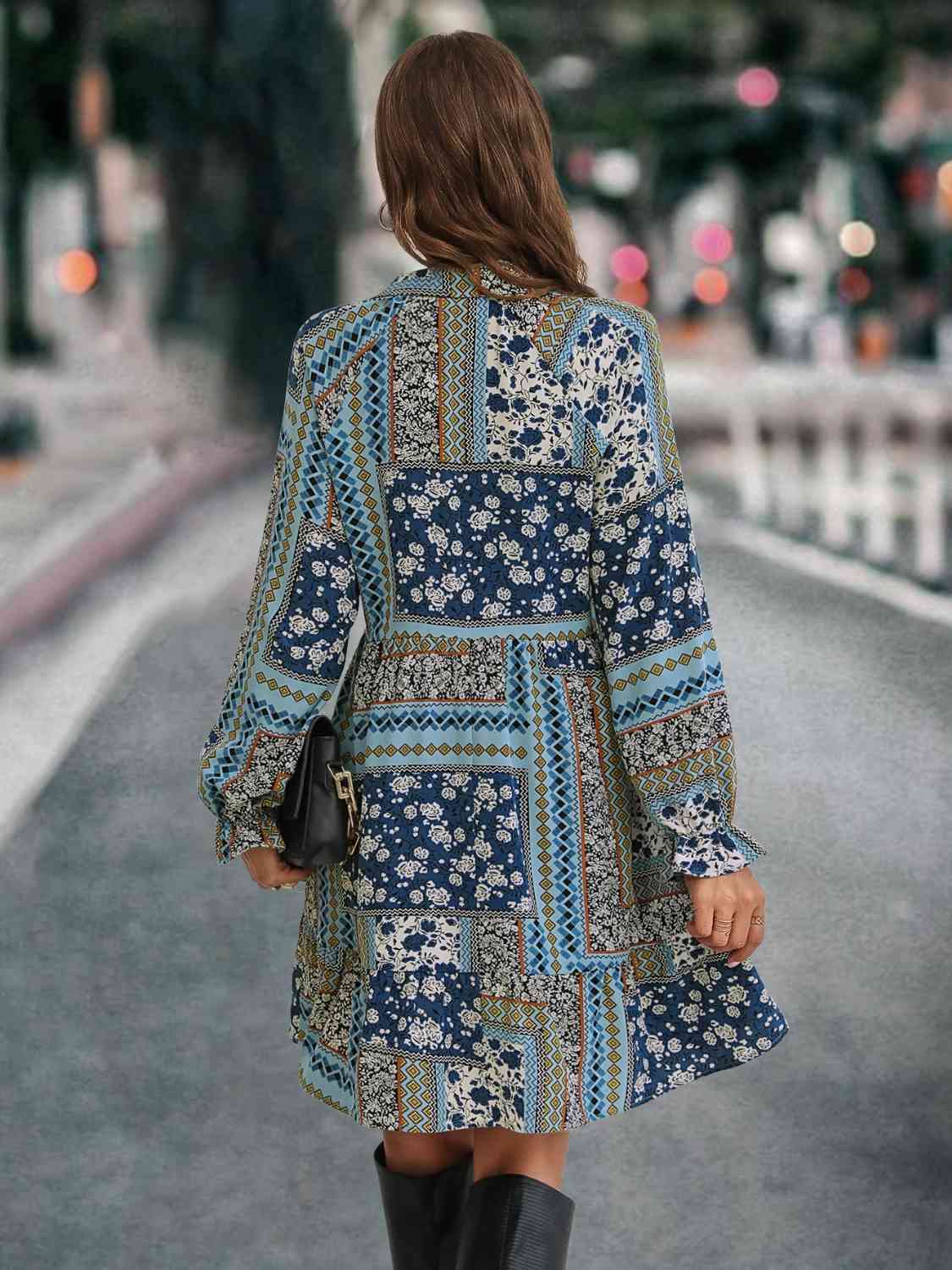 Printed Tie Front Flounce Sleeve Dress BLUE ZONE PLANET