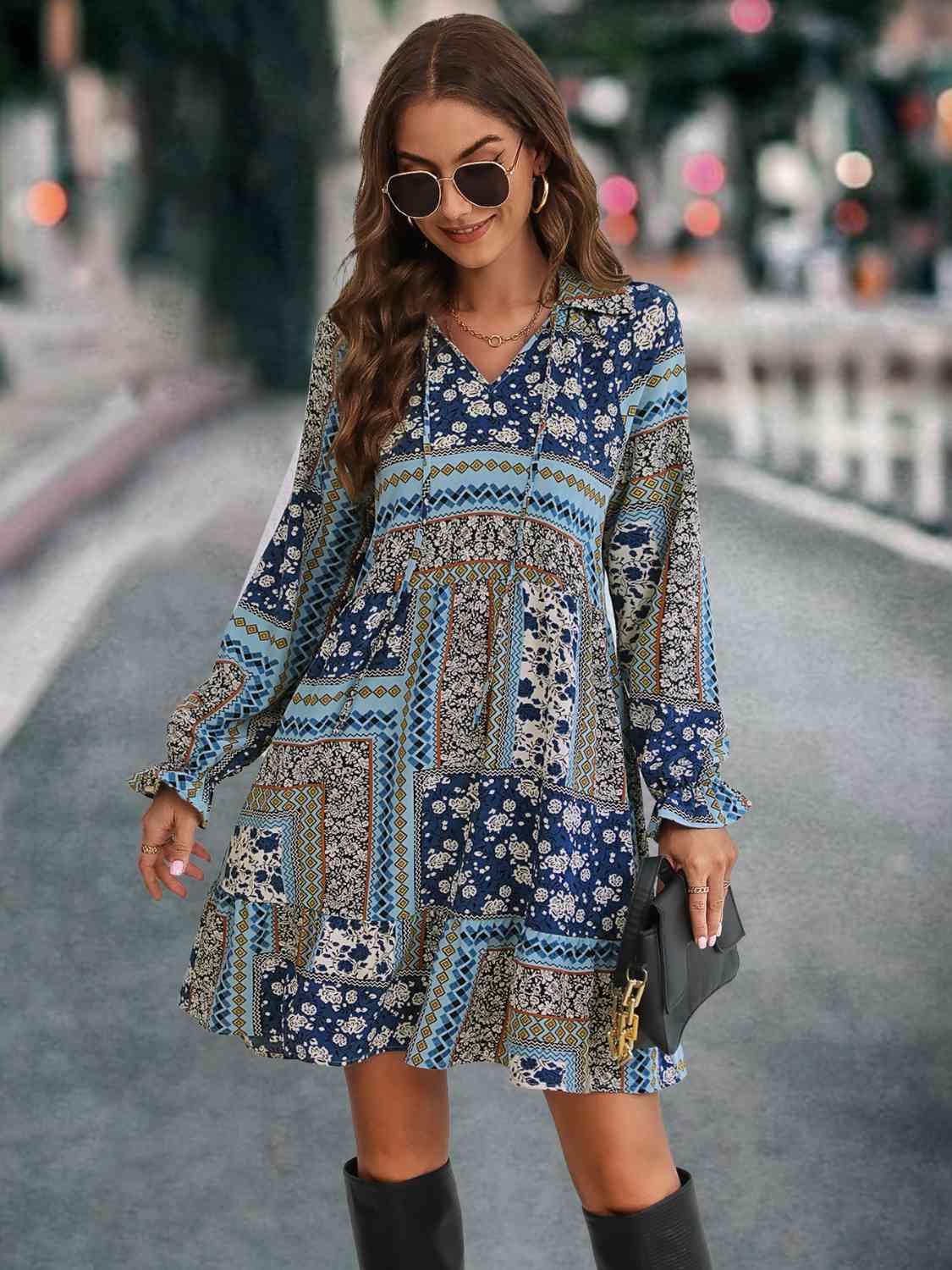 Printed Tie Front Flounce Sleeve Dress BLUE ZONE PLANET