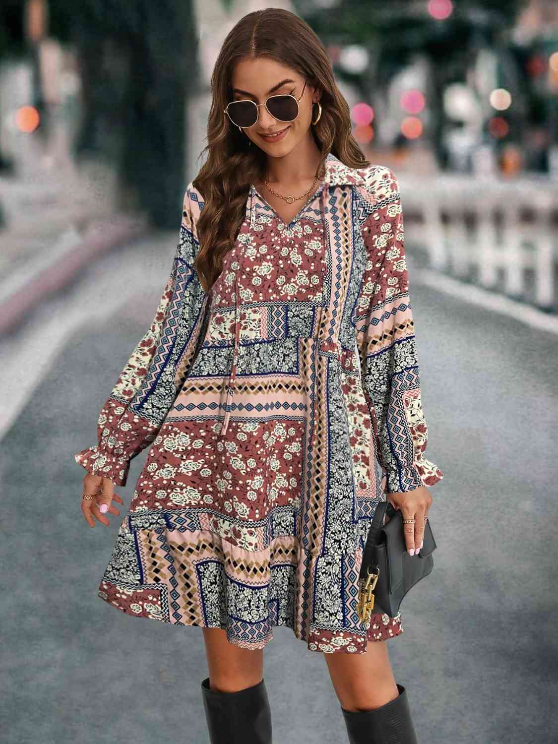 Printed Tie Front Flounce Sleeve Dress BLUE ZONE PLANET