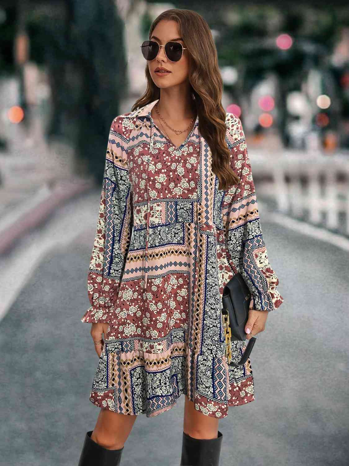 Printed Tie Front Flounce Sleeve Dress BLUE ZONE PLANET