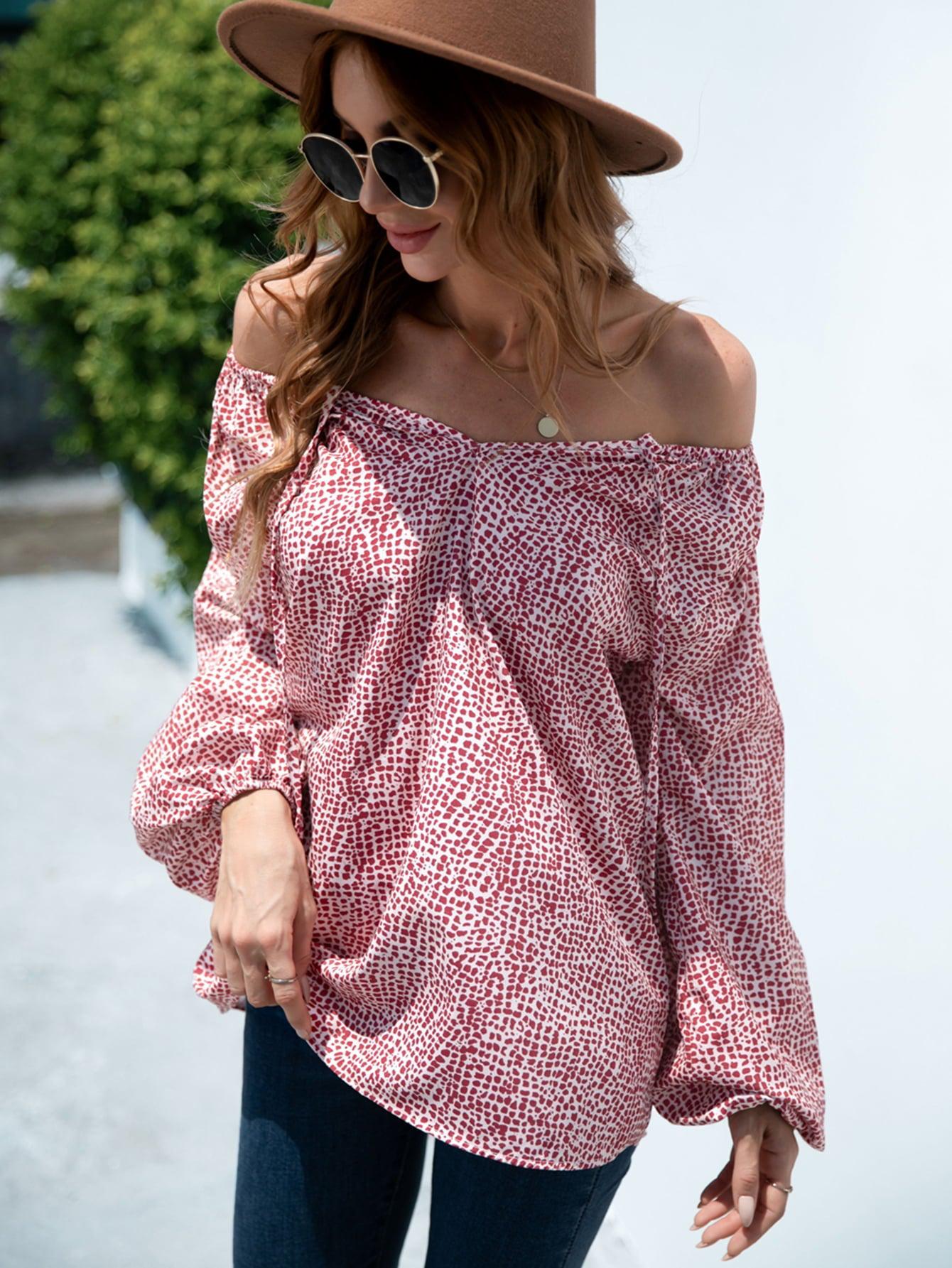 Printed Tie-Neck Balloon Sleeve Blouse BLUE ZONE PLANET