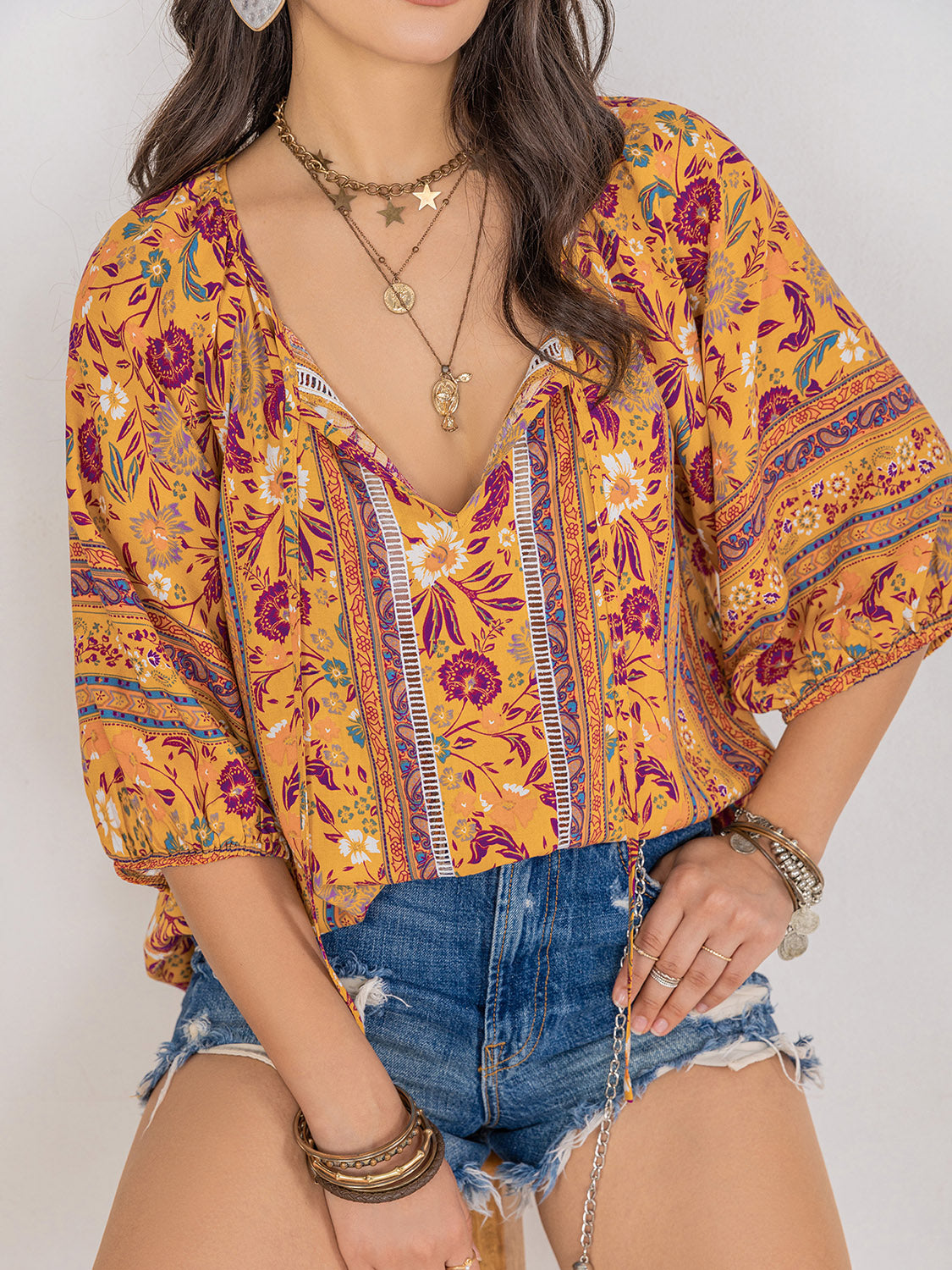 Printed Tie Neck Blouse BLUE ZONE PLANET