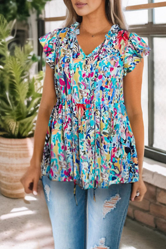 Printed Tie Neck Butterfly Sleeve Babydoll Top BLUE ZONE PLANET