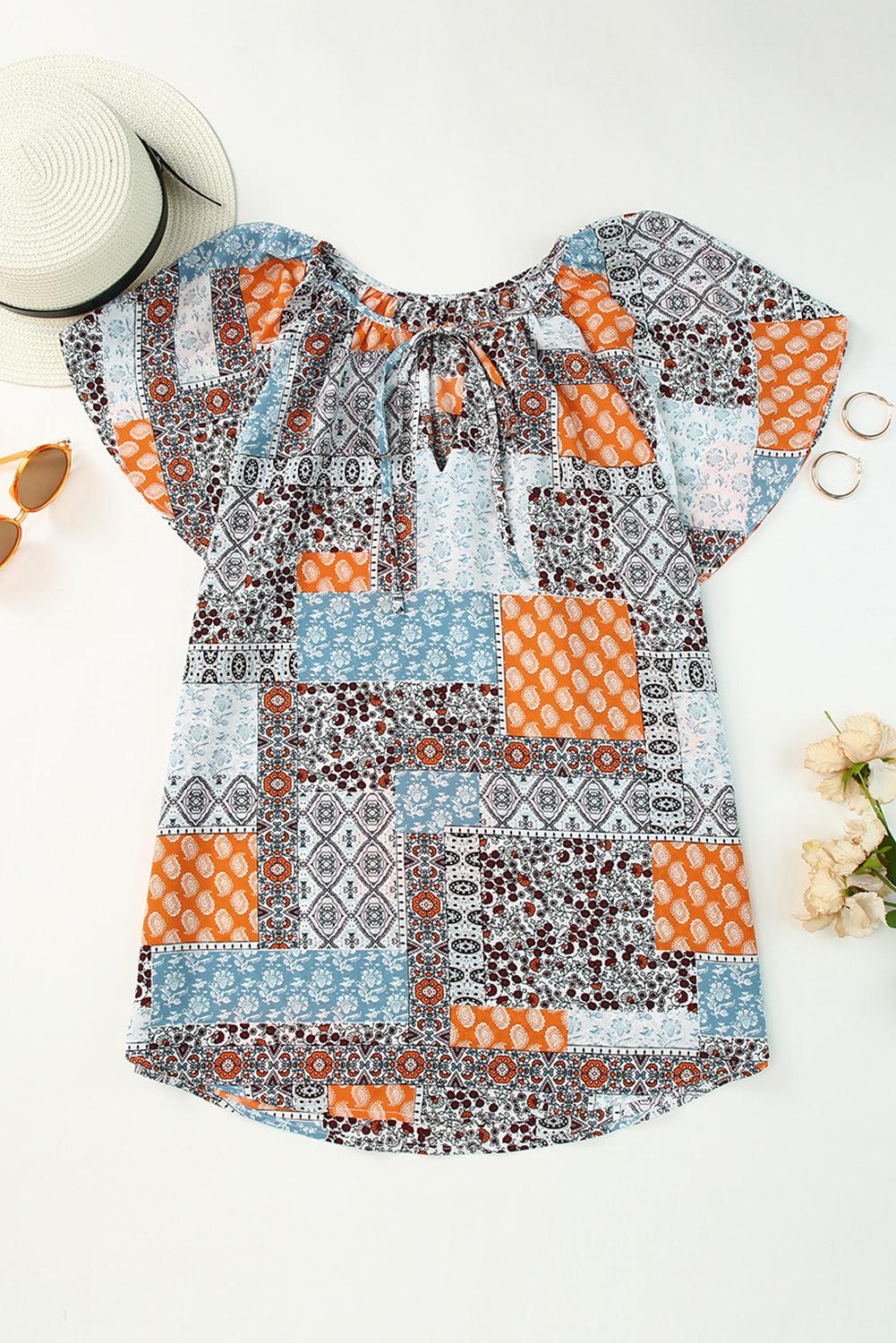 Printed Tie Neck Curved Hem Top BLUE ZONE PLANET