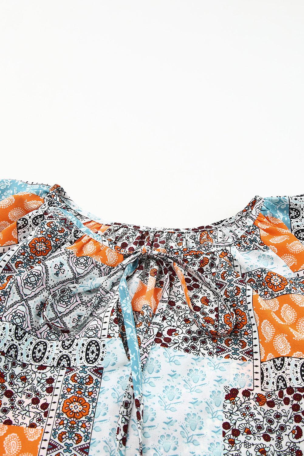 Printed Tie Neck Curved Hem Top BLUE ZONE PLANET