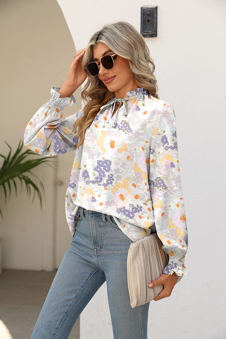 Printed Tie Neck Flounce Sleeve Blouse BLUE ZONE PLANET