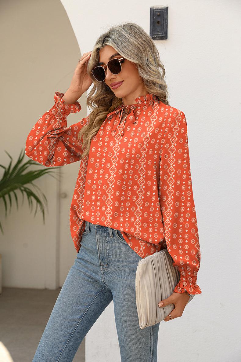 Printed Tie Neck Flounce Sleeve Blouse BLUE ZONE PLANET