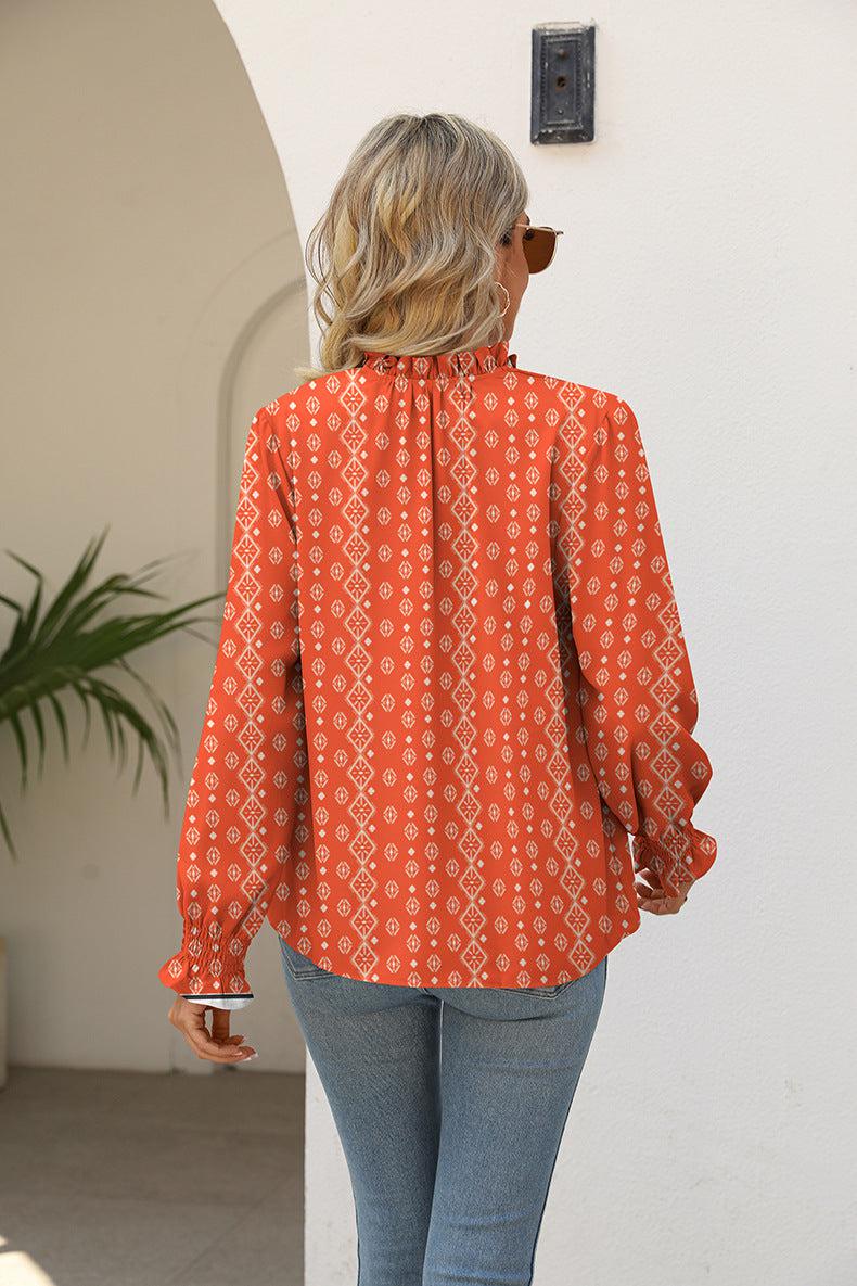 Printed Tie Neck Flounce Sleeve Blouse BLUE ZONE PLANET