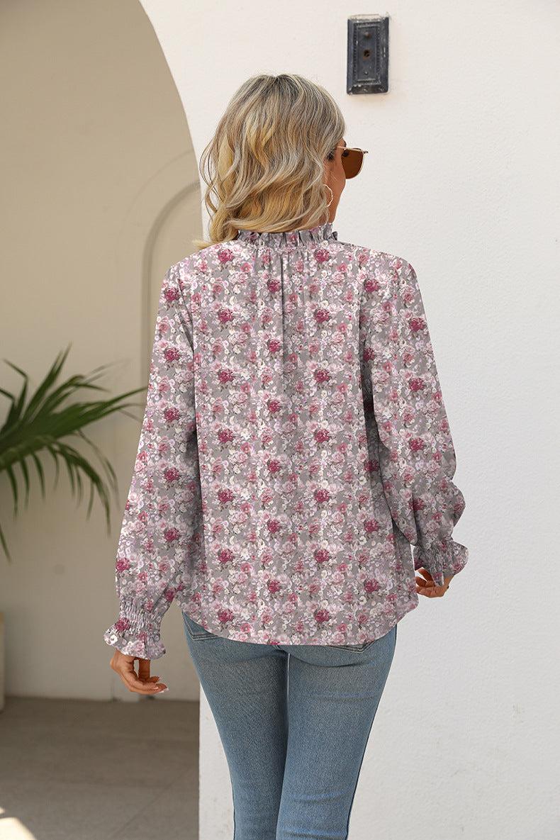 Printed Tie Neck Flounce Sleeve Blouse BLUE ZONE PLANET