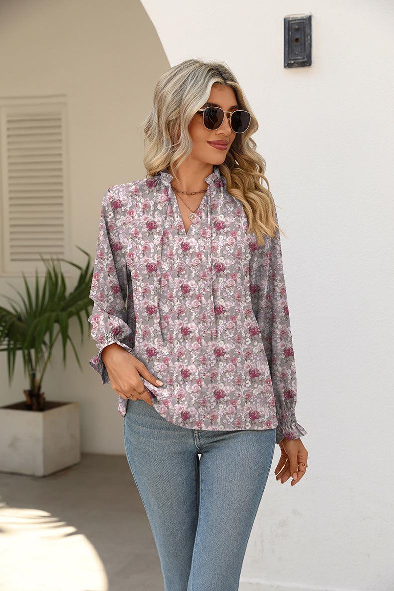 Printed Tie-Neck Long Flounce Sleeve Blouse