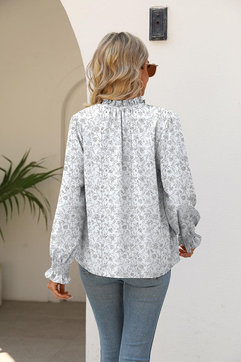 Printed Tie Neck Flounce Sleeve Blouse BLUE ZONE PLANET