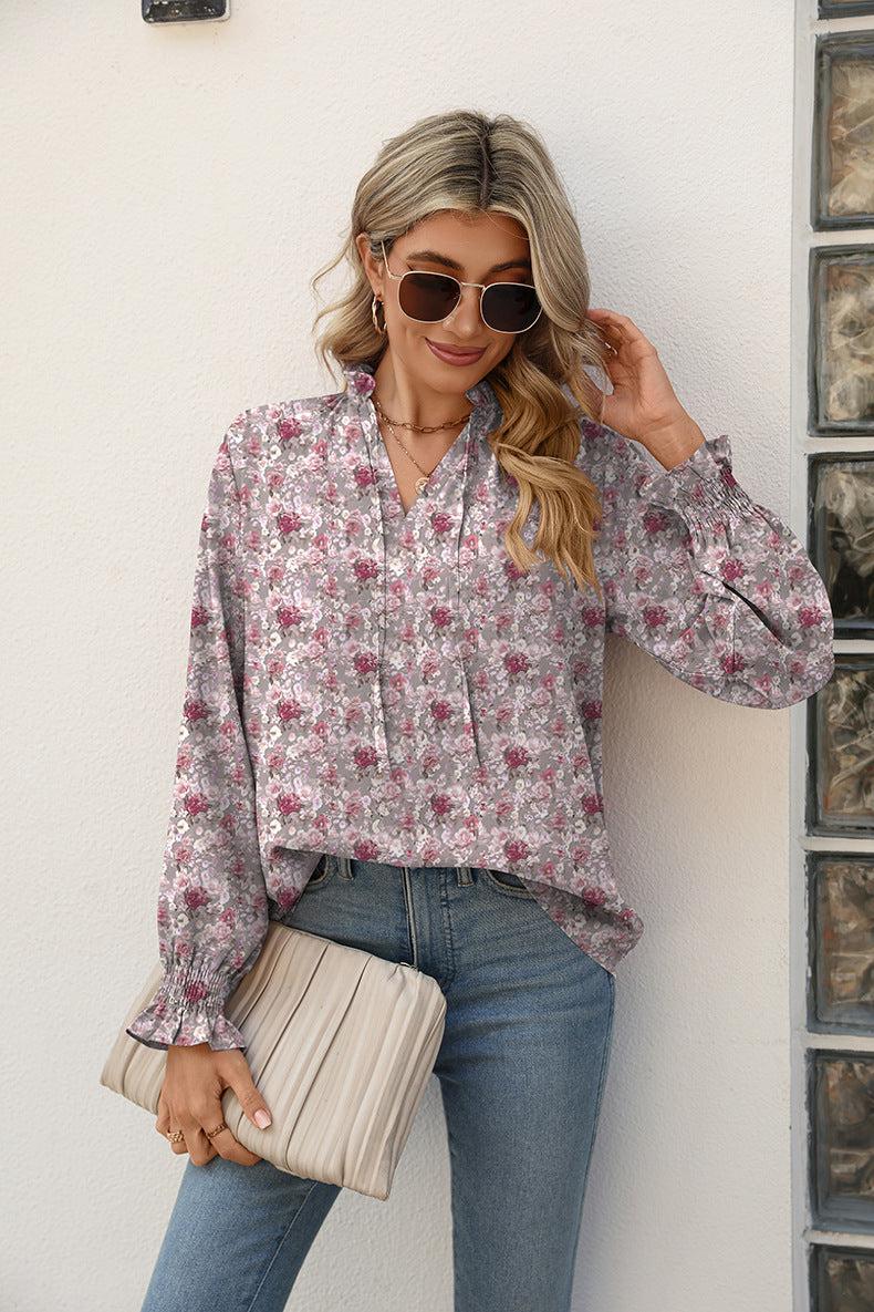 Printed Tie Neck Flounce Sleeve Blouse BLUE ZONE PLANET