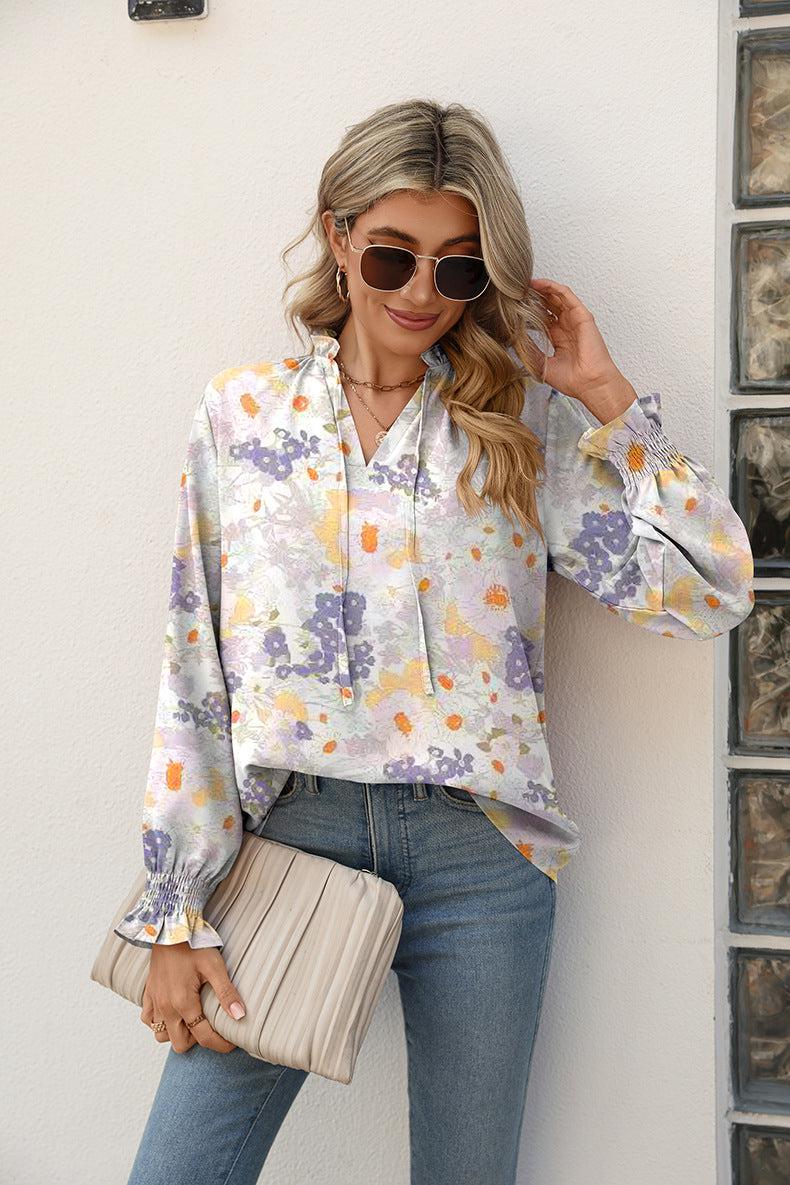 Printed Tie Neck Flounce Sleeve Blouse BLUE ZONE PLANET