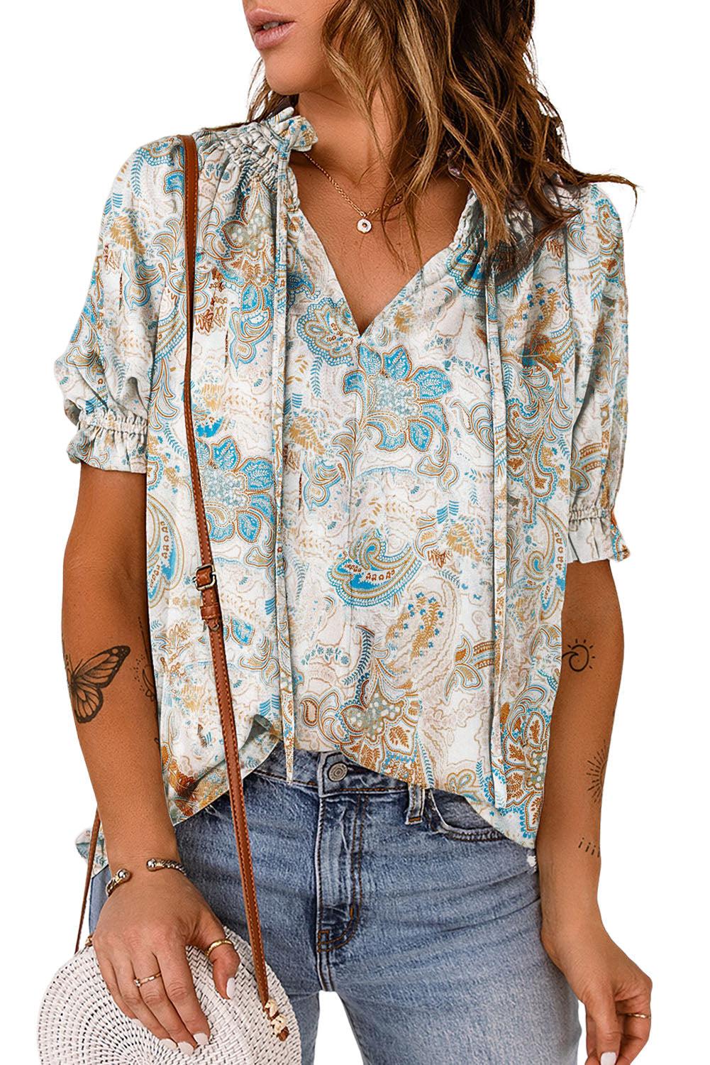 Printed Tie Neck Flounce Sleeve Top BLUE ZONE PLANET