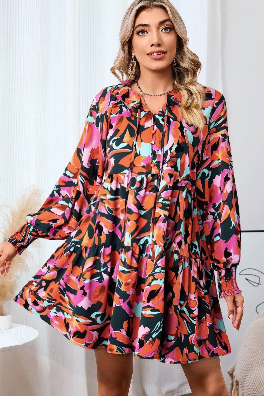 Printed Tie Neck Lantern Sleeve Mini Dress BLUE ZONE PLANET