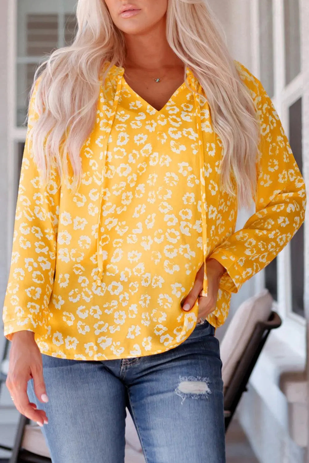 Printed Tie-Neck Long Sleeve Blouse BLUE ZONE PLANET