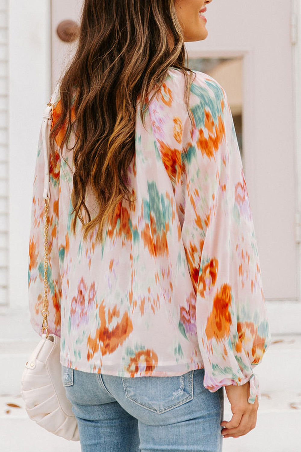 Printed Tie Neck Long Sleeve Blouse BLUE ZONE PLANET