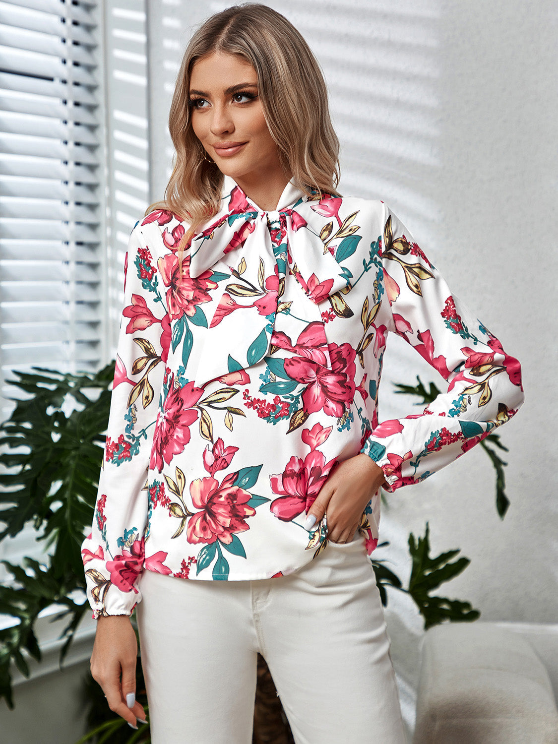 Printed Tie Neck Long Sleeve Blouse BLUE ZONE PLANET