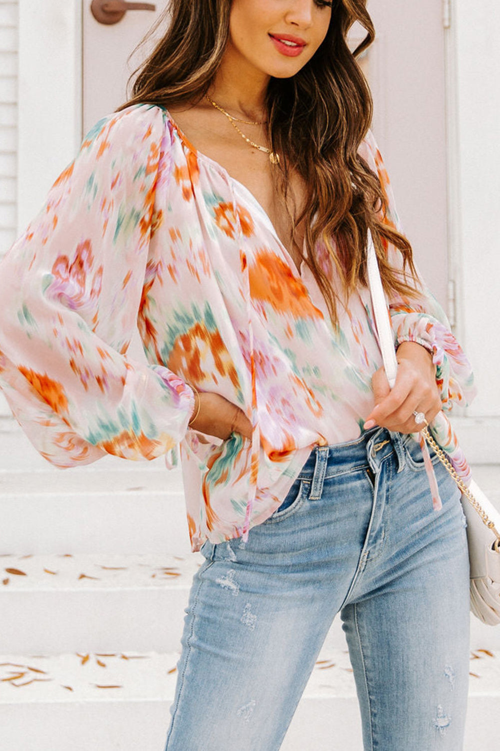 Printed Tie Neck Long Sleeve Blouse BLUE ZONE PLANET