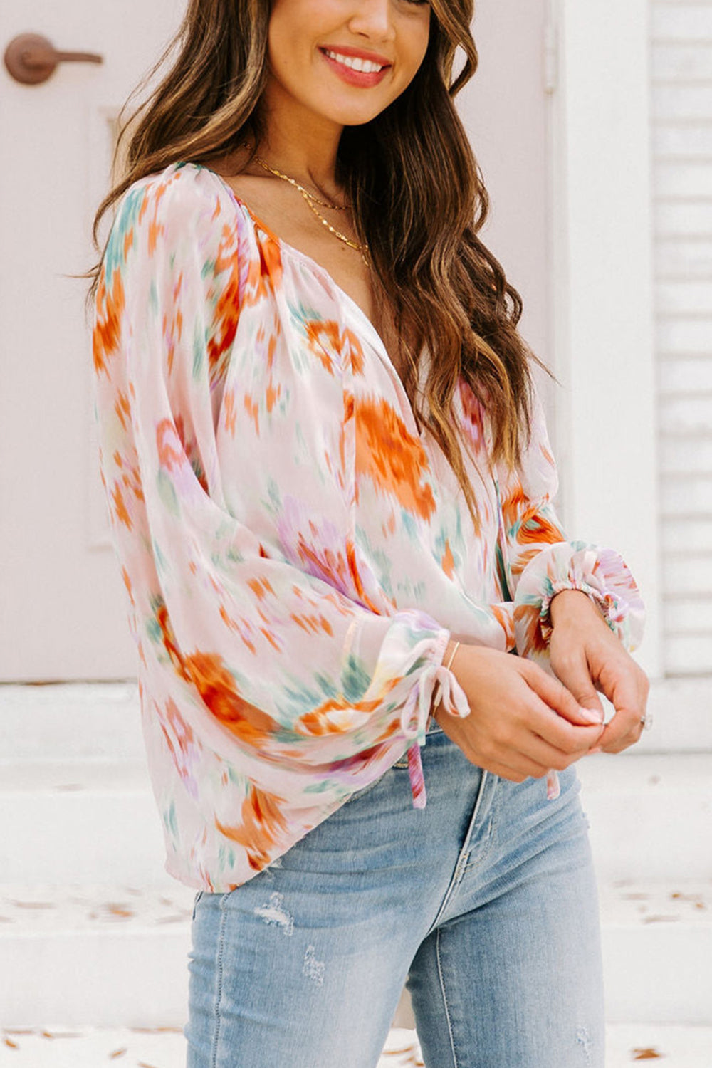 Printed Tie Neck Long Sleeve Blouse BLUE ZONE PLANET