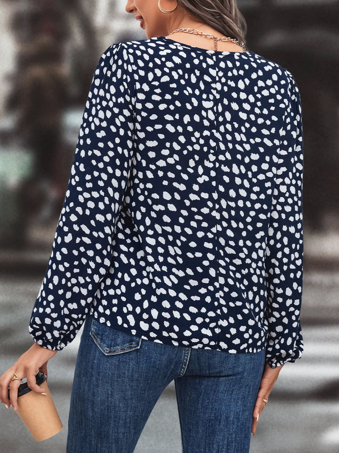 Printed Tie Neck Long Sleeve Blouse BLUE ZONE PLANET