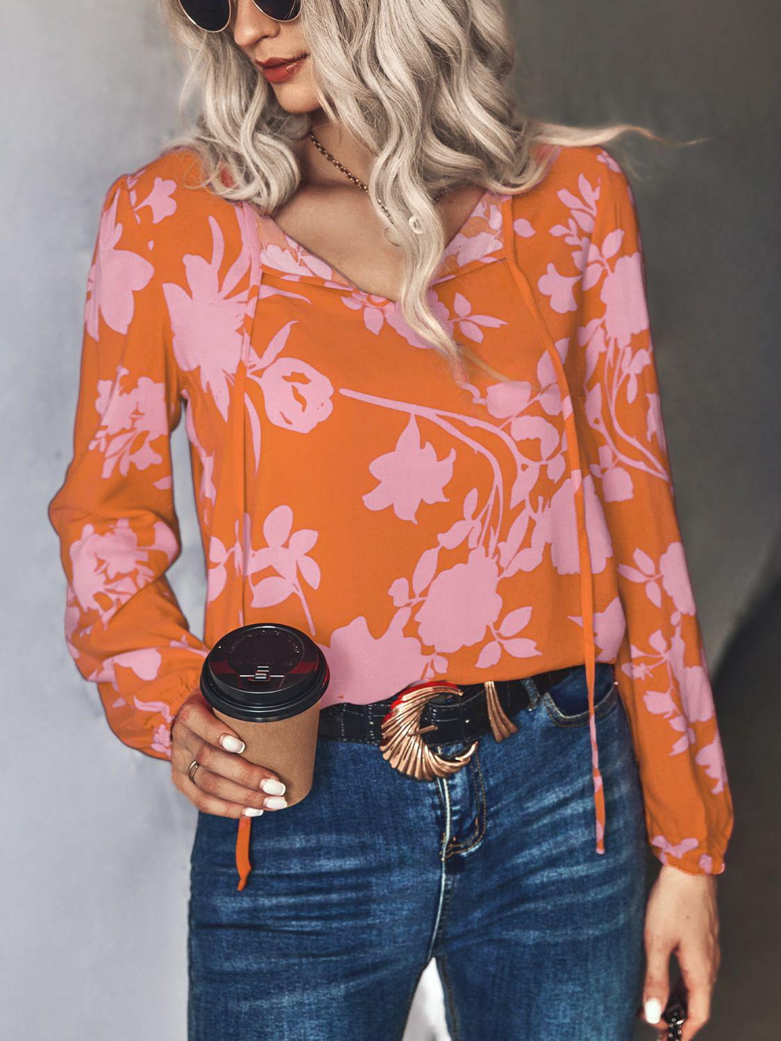 Printed Tie Neck Long Sleeve Blouse BLUE ZONE PLANET