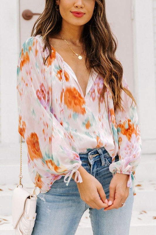 Printed Tie Neck Long Sleeve Blouse BLUE ZONE PLANET