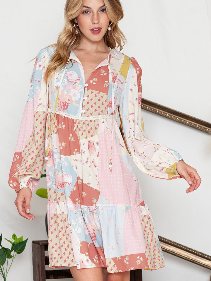 Printed Tie Neck Long Sleeve Dress BLUE ZONE PLANET