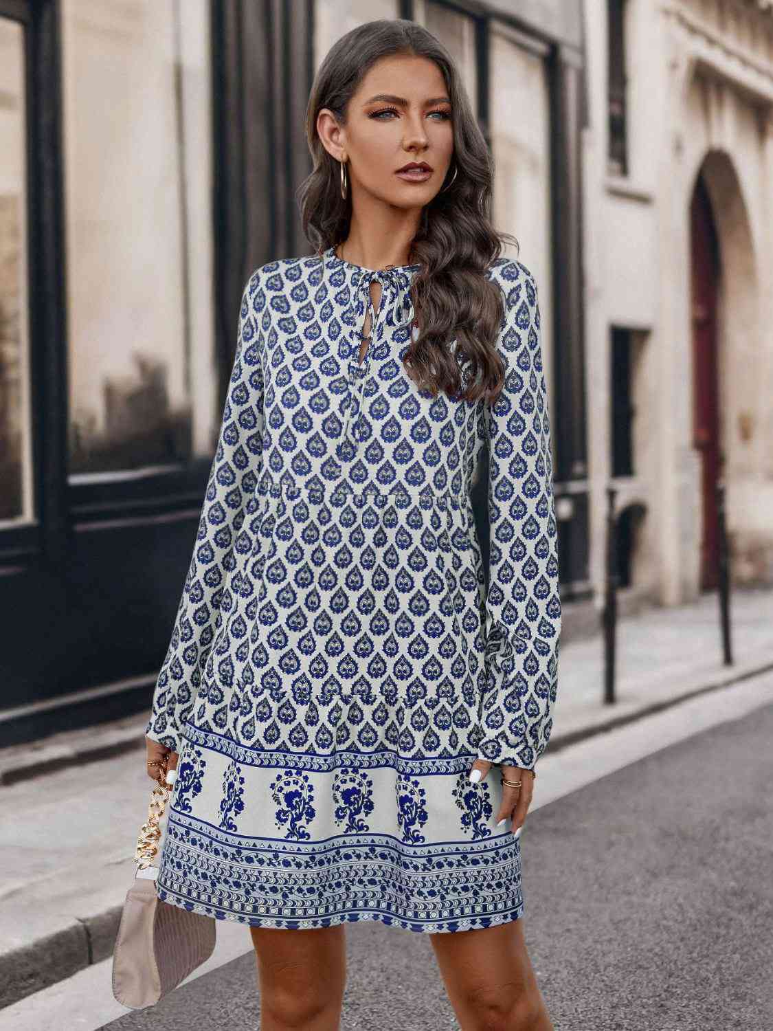 Printed Tie Neck Long Sleeve Dress BLUE ZONE PLANET