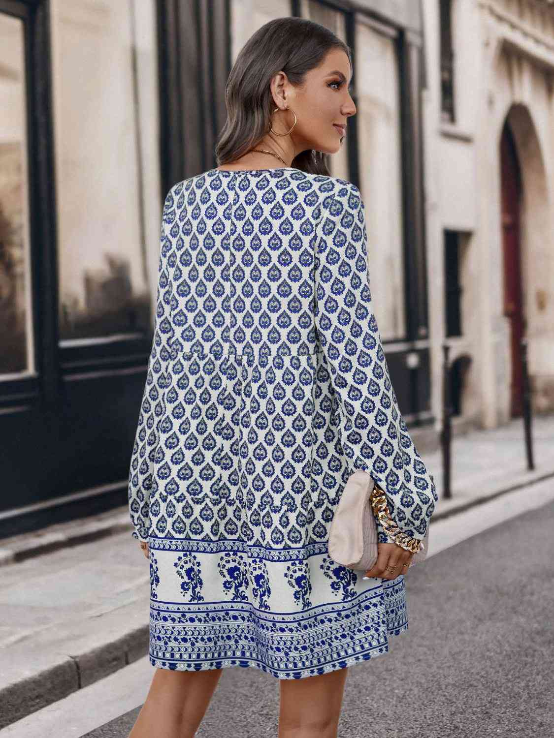 Printed Tie Neck Long Sleeve Dress BLUE ZONE PLANET