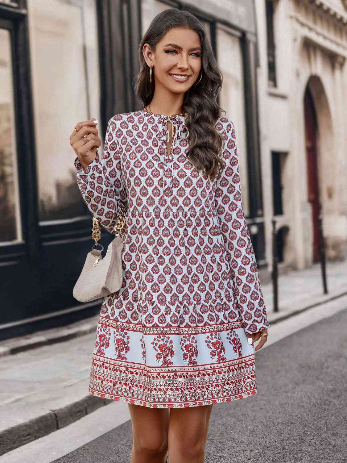 Printed Tie Neck Long Sleeve Dress BLUE ZONE PLANET