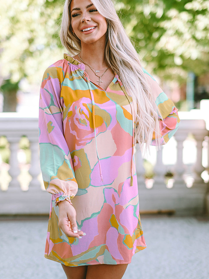 Printed Tie Neck Long Sleeve Dress BLUE ZONE PLANET