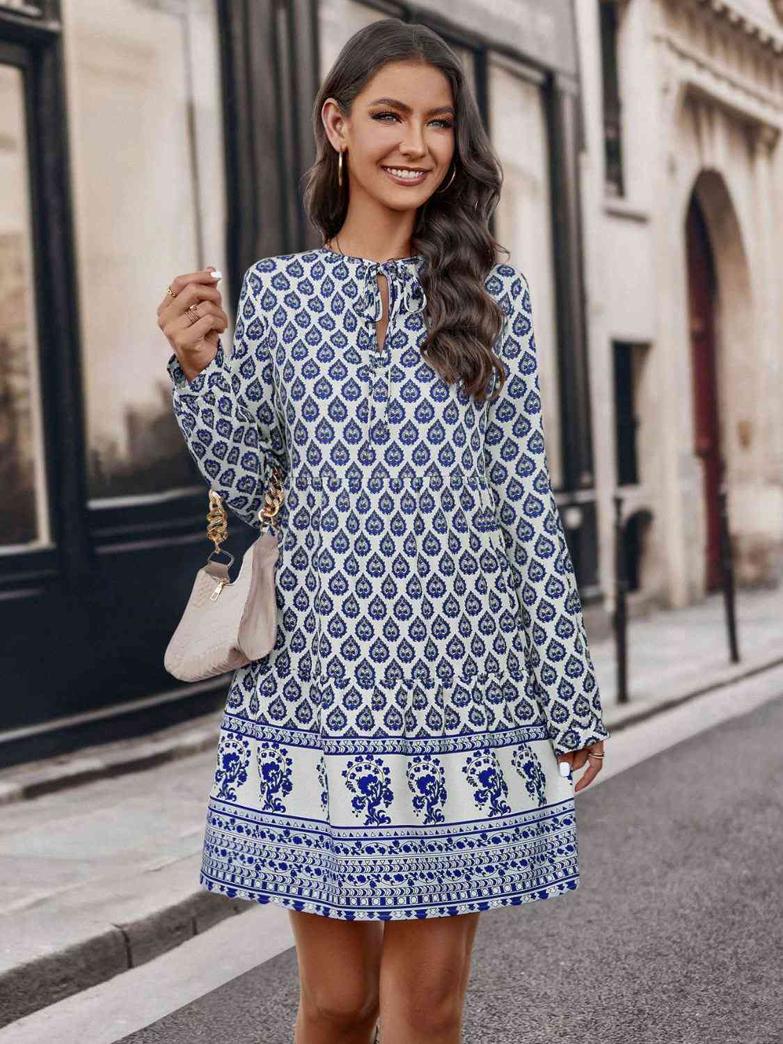 Printed Tie Neck Long Sleeve Dress BLUE ZONE PLANET