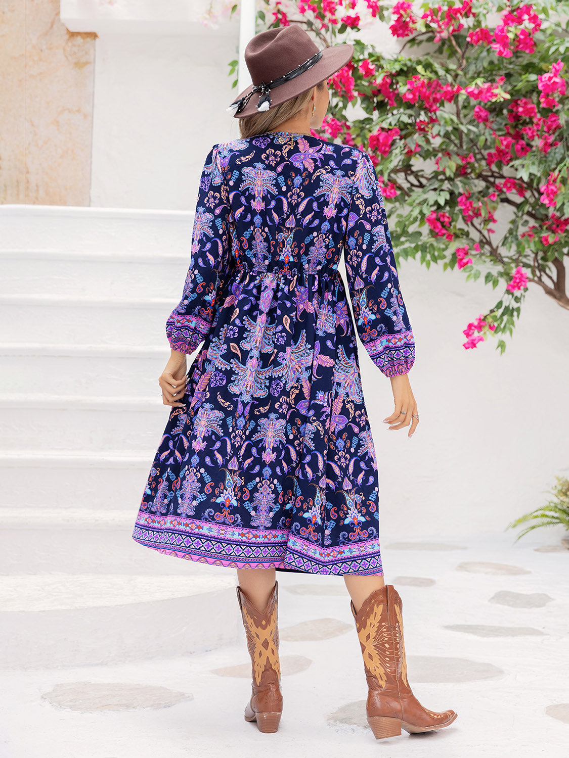 Printed Tie Neck Long Sleeve Midi Dress BLUE ZONE PLANET