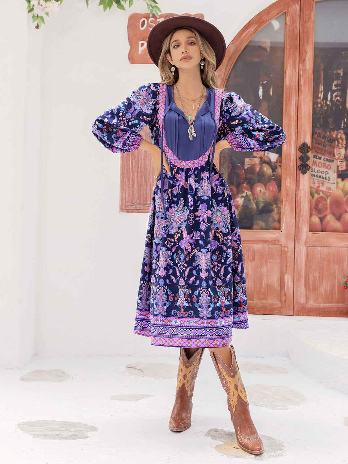 Printed Tie Neck Long Sleeve Midi Dress BLUE ZONE PLANET