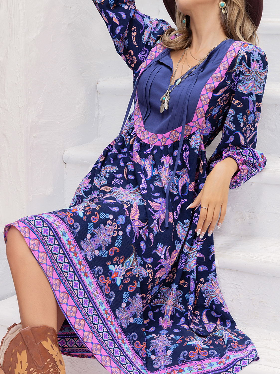 Printed Tie Neck Long Sleeve Midi Dress BLUE ZONE PLANET