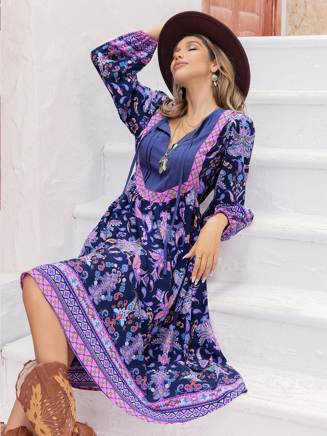 Printed Tie Neck Long Sleeve Midi Dress BLUE ZONE PLANET