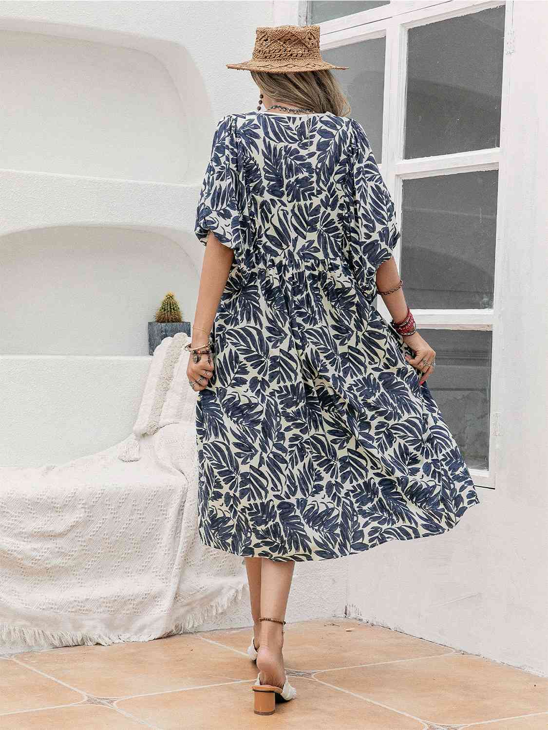 Printed Tie Neck Midi Dress BLUE ZONE PLANET