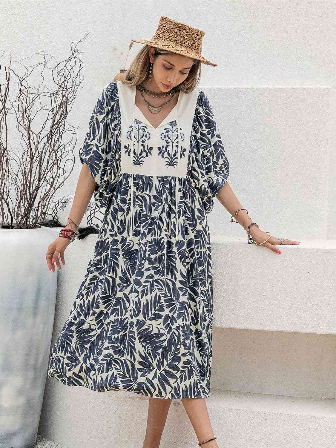 Printed Tie Neck Midi Dress BLUE ZONE PLANET