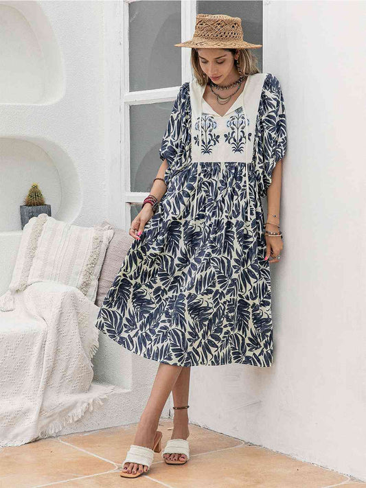 Printed Tie Neck Midi Dress BLUE ZONE PLANET