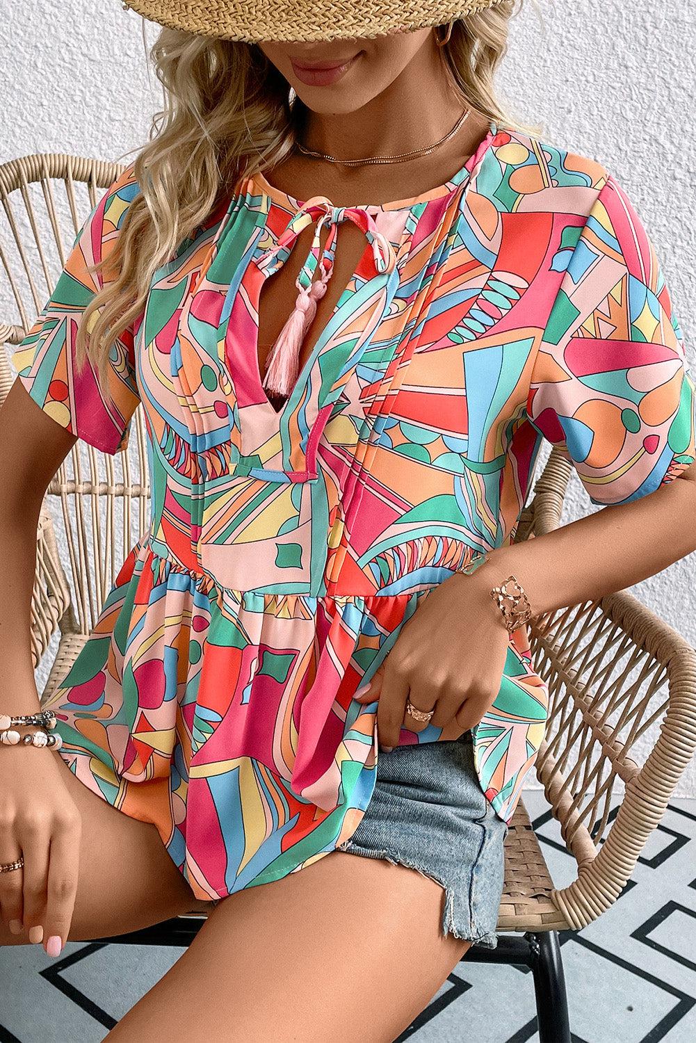 Printed Tie Neck Short Sleeve Blouse BLUE ZONE PLANET