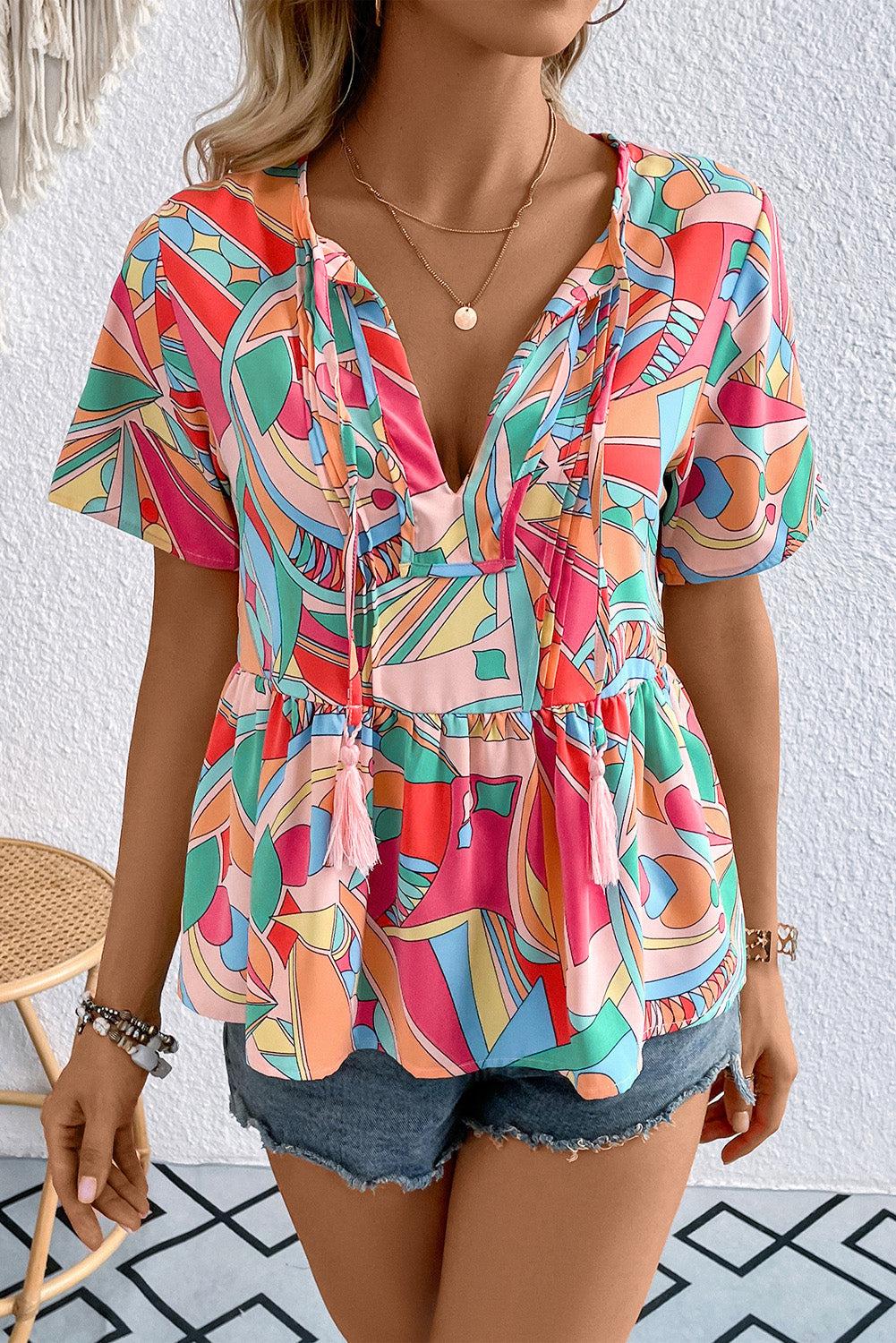 Printed Tie Neck Short Sleeve Blouse BLUE ZONE PLANET