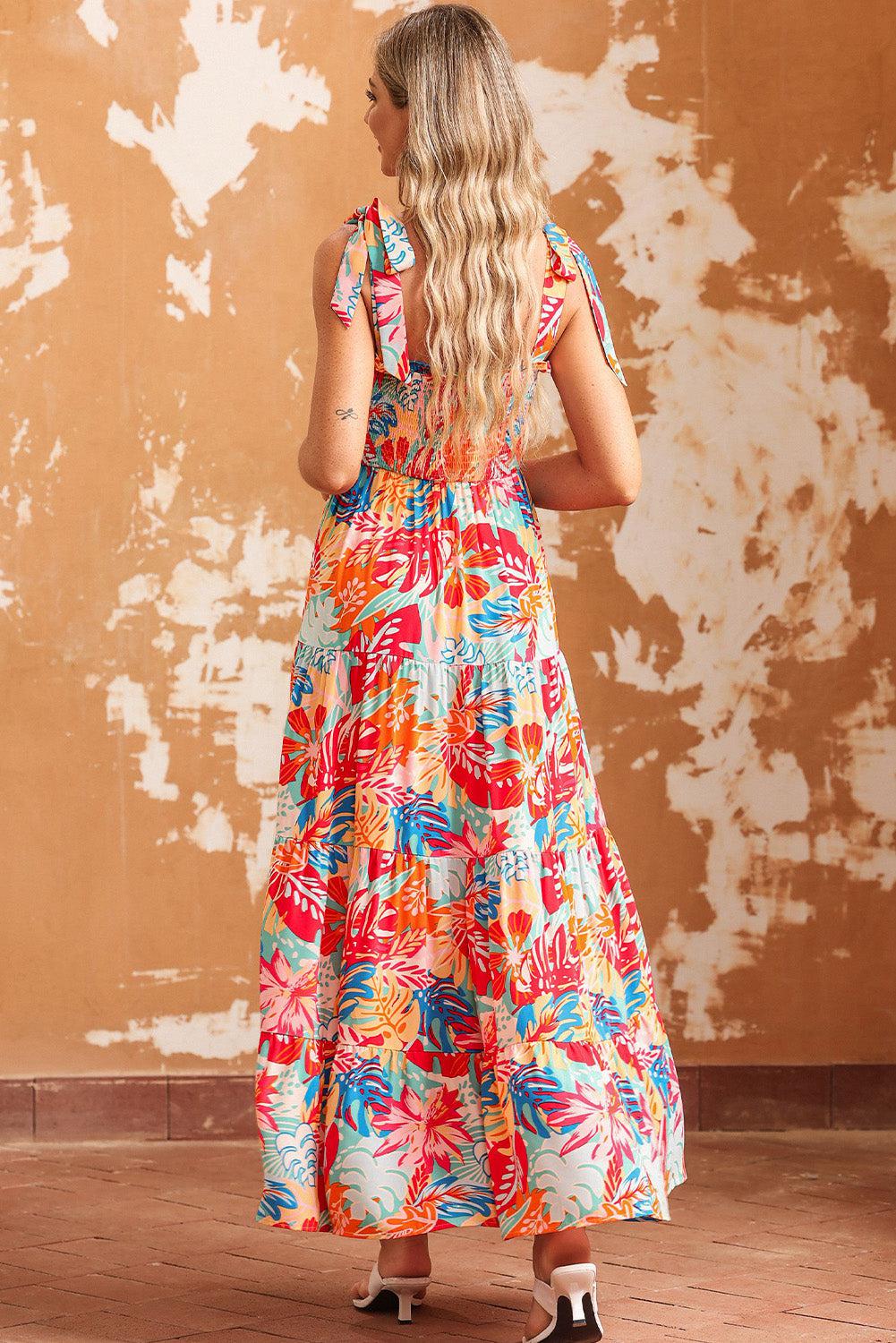 Printed Tie Shoulder Smocked Tiered Maxi Dress BLUE ZONE PLANET